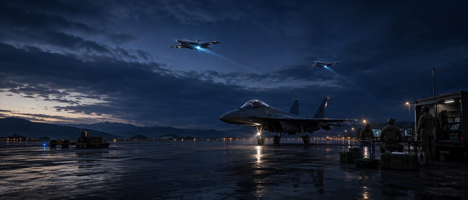 Aircraft and a mobile operations team working from an expeditionary airfield